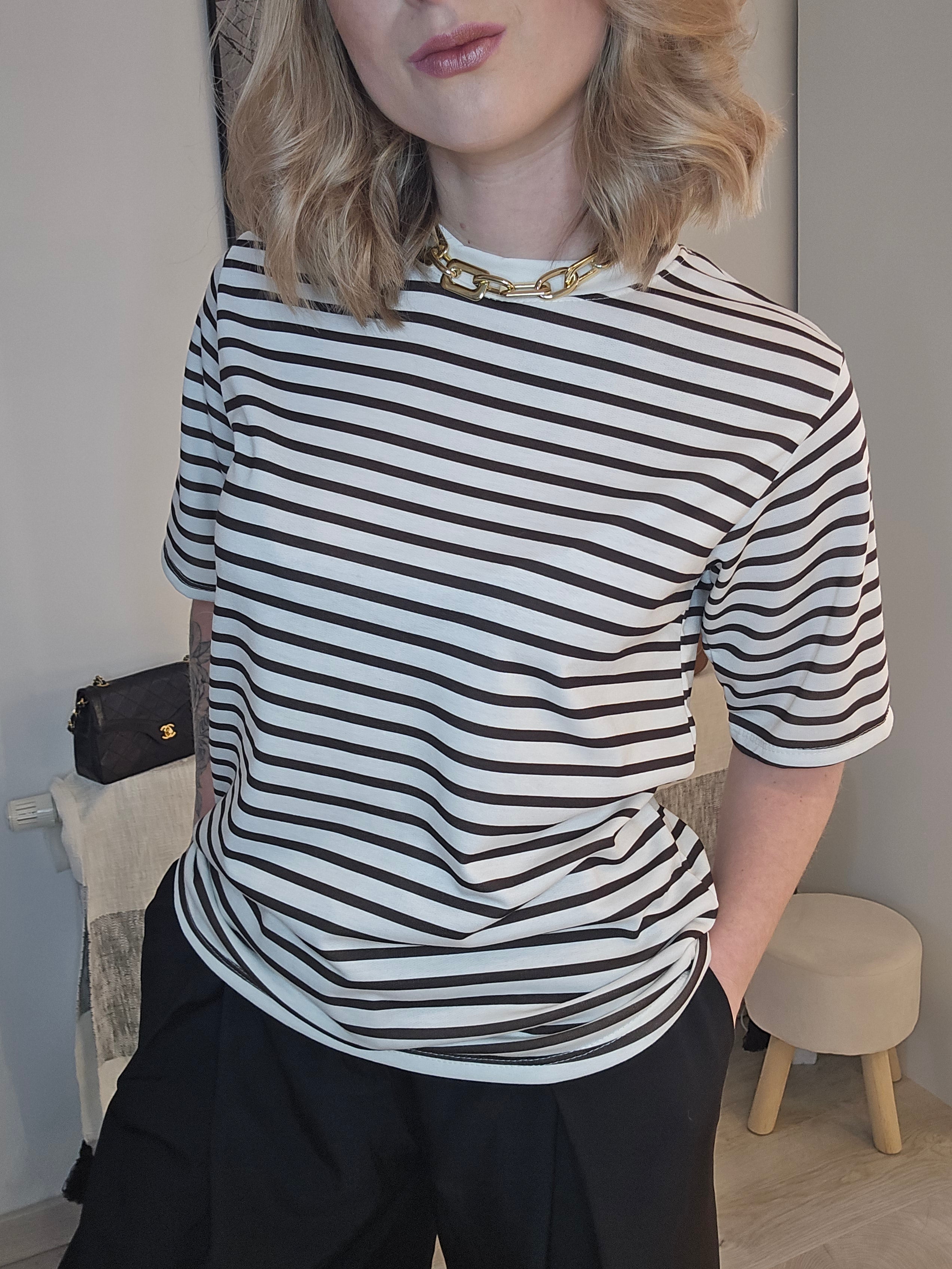 Marine – T-shirt Rayures Marron