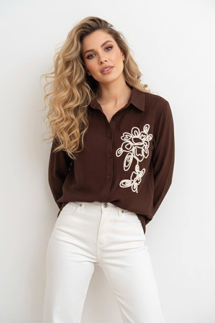 Louise - Chemise Chocolat brodée